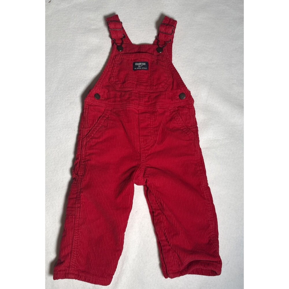 Oshkosh 12 Month Red Corduroy Overalls Lined Christmas EUC Crotch Snaps Classic